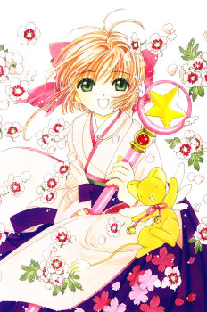 1990s_(style) 1girl antenna_hair cardcaptor_sakura child clamp female_focus flower highres hoshi_no_tsue japanese_clothes kero_(cardcaptor_sakura) kinomoto_sakura magical_girl official_art retro_artstyle simple_background solo wand white_background