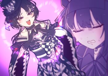 Rule 34 | 2girls, absurdres, bai weizi lingzi, bare shoulders, black gloves, black hair, black hat, black kimono, blurry, butterfly hair ornament, checkered sleeves, closed eyes, gloves, hair ornament, hands up, hat, heart, heart hands, highres, housho margo, japanese clothes, kimono, kurobe nanoka, lolita fashion, long hair, long sleeves, looking at another, mahou shoujo no majo saiban, mini hat, mini top hat, multiple girls, nervous sweating, obi, open mouth, parted bangs, purple background, purple eyes, sash, short hair, smile, sweat, top hat, wa lolita, wide sleeves, yuri