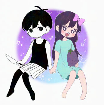 +_+ 1boy 1girl antenna_hair aubrey_(headspace)_(omori) aubrey_(omori) barefoot black_eyes black_hair black_tank_top black_thighhighs blue_shirt blush bow chibi chibi_only closed_mouth collarbone colored_skin commentary_request double-parted_bangs expressionless hair_between_eyes hair_bow haruyama_sub highres holding holding_hands holding_knife knife long_shirt looking_at_viewer omori omori_(omori) open_mouth pink_bow purple_eyes purple_hair shirt short_hair short_sleeves shorts sidelocks smile striped_clothes striped_shorts t-shirt tank_top teeth thighhighs upper_teeth_only vertical-striped_clothes vertical-striped_shorts white_shorts white_skin