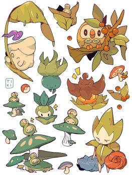 Rule 34 | bird, budew, commentary, english commentary, fire, gen 1 pokemon, gen 3 pokemon, gen 4 pokemon, gen 5 pokemon, gen 6 pokemon, gen 7 pokemon, highres, holding, holding leaf, leaf, litwick, mushroom, nintendo, no humans, oddish, on branch, owl, petilil, plant, poke ball, pokemon, pumpkaboo, purple fire, roselia (pokemon), rowlet, tiki (tikivt), white background