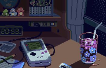 alarm_clock animated animated_gif bulbasaur charmander clock cup desk dragon_ball drink drinking_straw electrical_outlet eraser figure game_boy game_boy_(original) gen_1_pokemon globe handheld_game_console looping_animation manga_(object) nintendo no_humans original pencil pixel_art pixelarttenten pokemon squirtle