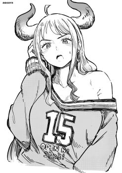 1girl absurdres alternate_costume aosora2823 artist_name breasts clothes_writing collarbone commentary_request earrings greyscale highres horns jewelry long_hair long_sleeves looking_at_viewer medium_breasts monochrome off_shoulder one_piece open_mouth simple_background solo white_background yamato_(one_piece)