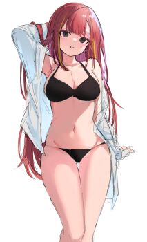 1girl akane_lize arm_at_side arm_behind_head arm_up black_bra black_panties bra breasts cleavage feet_out_of_frame grey_eyes haro_(1026_86) highres large_breasts long_hair looking_at_viewer mole mole_under_eye multicolored_hair navel panties parted_lips red_hair shirt shirt_partially_removed simple_background sketch solo standing stellive stomach streaked_hair underwear unfinished very_long_hair virtual_youtuber white_background white_shirt