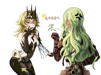 >_o anger_vein black_dress black_gloves black_tiara blush breasts brown_gloves brown_hair chinese_commentary clenched_hand clothing_cutout commentary_request cosplay costume_switch dress ear_blush gloves green_hair grey_eyes highres honkai_(series) honkai_impact_3rd long_hair medium_breasts medium_hair mobius_(honkai_impact) mobius_(honkai_impact)_(cosplay) one_eye_closed oshino_ogi side_cutout simple_background smile spikes tiara translation_request very_long_hair vill-v vill-v_(cosplay) white_background