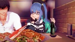 1boy 1girl 3d animated before_and_after black_hair black_ribbon blue_eyes blue_hair blue_nails bottle brick_wall clothed_sex crab faceless faceless_male fingernails food glass_bottle glasses hand_support handjob_gesture highres hololive hoshimachi_suisei implied_rape implied_sex indoors instant_loss koikatsu_(medium) long_sleeves looking_at_viewer medium_hair open_mouth ribbon scrunchie sex short_hair side_ponytail simulated_handjob smile table talking teasing thisryonadude tongue tongue_out upside-down vegetable video virtual_youtuber wrist_scrunchie