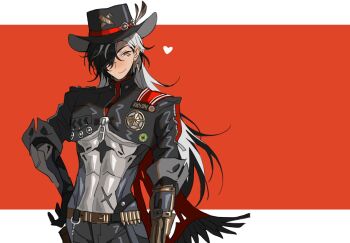 0p78xopwsj83779 1boy badge belt belt_buckle black_eyes black_hair black_hat black_jacket black_pants blush boothill_(honkai:_star_rail) brown_belt buckle bullet_earrings cape closed_mouth commentary cowboy_hat cowboy_shot cropped_jacket crossed_bangs cyborg ear_piercing earrings gold_earrings hair_over_one_eye hand_on_own_hip hat hat_feather heart highres honkai:_star_rail honkai_(series) jacket jewelry long_hair looking_at_viewer male_focus mole mole_under_eye multicolored_hair one_eye_covered pants parted_bangs piercing red_background red_cape red_pupils sheriff_badge short_sleeves simple_background single_earring smile smirk solo standing streaked_hair symbol-only_commentary two-tone_background white_background white_hair zipper zipper_pull_tab