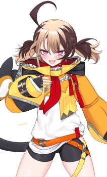 1girl :d absurdres ahoge black_gloves black_shorts brown_hair fingerless_gloves gigi_murin gigi_murin_(1st_costume) gloves highres hololive hololive_english kasutera_mikan long_sleeves looking_at_viewer low_twintails medium_hair multicolored_hair open_mouth pink_eyes sharp_teeth shirt shorts shrug_(clothing) smile solo tail teeth twintails two-tone_hair two_side_up upper_teeth_only virtual_youtuber white_background white_shirt yellow_shrug