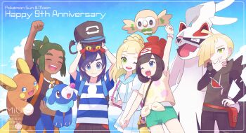 2girls 3boys ;d alolan_form alolan_raichu arm_up black_hair black_hat black_hoodie black_shirt blue_eyes blue_hair blue_sky clenched_hand closed_mouth cloud dark-skinned_male dark_skin elio_(pokemon) gen_7_pokemon gladion_(pokemon) green_eyes green_hair green_shorts hair_over_one_eye happy_anniversary hat hau_(pokemon) highres holding holding_hands holding_pokemon hood hoodie legendary_pokemon lillie_(pokemon) litten long_hair long_sleeves looking_at_another miu_(miuuu_721) multiple_boys multiple_girls nintendo on_head one_eye_closed open_mouth pleated_skirt pokemon pokemon_(creature) pokemon_on_head pokemon_sm ponytail popplio red_hat rowlet selene_(pokemon) shirt short_hair short_sleeves shorts silvally skirt sky sleeveless sleeveless_hoodie smile striped_clothes striped_shirt teeth tied_shirt undershirt_peek upper_teeth_only white_shirt white_skirt yellow_shirt
