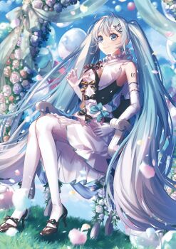 1girl absurdres ahoge aqua_eyes aqua_hair aqua_nails arm_tattoo balloon black_ribbon blue_sky blush bodice bow breasts chair closed_mouth collar commentary_request dress flower footwear_bow frilled_skirt frills full_body gloves hair_flower hair_ornament hatsune_miku headdress high_heels highres layered_skirt long_hair long_skirt looking_at_viewer miku_symphony_(vocaloid) number_tattoo on_chair pumps ribbon sitting skirt sky sleeveless sleeveless_dress smile tattoo twintails very_long_hair vocaloid white_bow white_collar white_gloves white_headdress white_skirt wrist_cuffs yuzuha_wasa