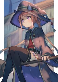 1girl absurdres animal_ears belt bookshelf boots braid braided_hair_rings broom broom_riding brown_hair commentary_request erulusyro feet_out_of_frame hair_rings hat hat_with_ears highres horse_ears horse_girl long_hair long_sleeves purple_eyes solo sweep_tosho_(platanus_witch)_(umamusume) sweep_tosho_(umamusume) thigh_boots twintails umamusume witch_hat