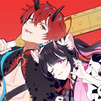 2boys black_hair cho_kaguya-hime! crossdressing crossdressing_(mtf) dangdidangdi half-heart_hands hashtag-only_commentary highres horns komazawa_noi long_hair mikado_akira_(cho_kaguya-hime!) multicolored_hair multiple_boys one_eye_closed piercing pink_eyes pink_hair pink_horns red_background red_hair short_hair smile tongue tongue_out tongue_piercing trap two-tone_hair yellow_eyes