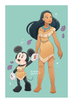 2girls absurdres barefoot black_hair breasts brown_eyes cleavage commentary_request company_connection cosplay dark-skinned_female dark_skin disney dress earrings furry furry_female highres holding jewelry long_hair mickey_mouse_&amp;_friends minnie_mouse multiple_girls native_american necklace pocahontas_(disney) pocahontas_(disney)_(cosplay) pocahontas_(movie) takatmaorange