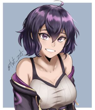 1girl :d ahoge armpit_crease bare_shoulders black_straps blue_background blush border breasts cleavage collarbone female_morgan_(fire_emblem) fire_emblem fire_emblem_awakening gold_trim hair_between_eyes highres jacket large_breasts looking_at_viewer messy_hair nintendo open_mouth purple_eyes purple_hair purple_jacket short_hair simple_background smile solo tank_top teeth twitter_username upper_body white_border white_tank_top zet_(twt_zet)