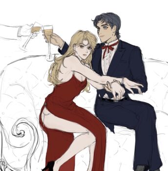 1boy 1girl black_hair black_suit blonde_hair blue_eyes blue_hair dio_brando dress formal_clothes genderswap genderswap_(mtf) jewelry jojo_no_kimyou_na_bouken jonathan_joestar long_hair necktie phantom_blood red_dress smile suit tomblibobo
