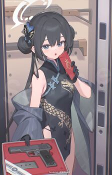 Rule 34 | 1girl, absurdres, ak-47, assault rifle, bilibili xiaolu, black dress, black gloves, black hair, blue archive, blush, breasts, butterfly hair ornament, coat, cs/ls06, double bun, dragon print, dress, envelope, gloves, grey coat, grey eyes, grey halo, gun, hair bun, hair ornament, halo, handgun, helical magazine, high-capacity magazine, highres, holding, holding envelope, hongbao, kalashnikov rifle, kisaki (blue archive), long hair, looking at viewer, magazine (weapon), open mouth, pistol, rifle, sleeveless, sleeveless dress, small breasts, solo, striped coat, submachine gun, suppressor, tokarev tt-33, twintails, type 56 assault rifle, vertical-striped coat, weapon, witness holes