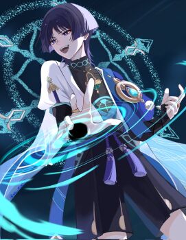 1boy anemo_symbol_(genshin_impact) aqua_background arms_at_sides black_bodysuit black_bow black_shorts blue_cape blue_gem blue_halo blue_kimono blue_sleeves blunt_ends body_markings bodysuit bow bright_pupils cape cowboy_shot curled_fingers eyeliner eyeshadow feathers from_below furisode gem genshin_impact glowing_markings hakama hakama_shorts halo halo_behind_head highres japanese_clothes juban kimono layered_sleeves looking_to_the_side magic_circle makeup male_focus mandala mandarin_collar middle_ring nee_madiiiii open_clothes open_hand open_kimono open_mouth pleated_shorts pom_pom_(clothes) purple_eyes purple_hair purple_rope red_eyeliner red_eyeshadow rope scaramouche_(genshin_impact) short_sleeves shorts shoulder_peek solo tassel teeth tongue tsurime twitter_username vision_(genshin_impact) vortex wanderer_(genshin_impact) white_kimono white_pupils white_sleeves white_trim wind wispy_bangs yellow_feathers