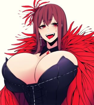 1girl blouse breasts coat collar crazy crazy_eyes curvy fluff huge_breasts hz_(666v) large_breasts long_hair narrow_waist necktie original rakugaki_(camui_kamui) red_coat red_eyes scar scar_across_eye scar_on_face shirt skinny sleeveless sleeveless_shirt tattoo upper_body