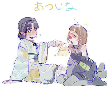 2girls 37.5c_no_fantasy afterimage aqua_kimono averting_eyes bare_shoulders black_boots black_sash black_shirt black_shorts blush boots breasts brown_hair closed_eyes coat_partially_removed collared_shirt commentary fanning fishnet_top fishnets flying_sweatdrops folding_fan frilled_kimono frills full-face_blush green_eyes hand_fan holding holding_fan hot i_my_mayday japanese_clothes kachimachi_kosuzu kimono link!_like!_love_live! long_sleeves love_live! low_twintails medium_breasts momose_ginko multiple_girls nose_blush obi obiage obijime open_mouth pipi_(m1x_mix) sash shirt short_hair shorts sleeveless sleeveless_shirt sweat twintails virtual_youtuber