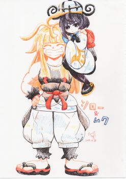 1boy 1girl black_dress black_eyes black_hair black_pantyhose black_shirt black_shoes blue_gloves bob_cut brother_and_sister carrying_over_shoulder chi-nosuke closed_eyes closed_mouth coat dated dress facing_viewer gloves gwynn_(pokemon) hand_on_own_hip hat highres ivor_(pokemon) long_hair long_sleeves looking_at_viewer nintendo open_mouth pants pantyhose pokemon pokemon_legends:_z-a sandals shirt shoes short_hair siblings sleeveless sleeveless_shirt teeth traditional_media white_coat white_pants wide_sleeves