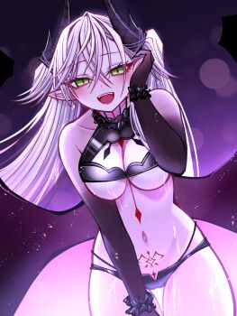 1girl bare_shoulders bikini black_bikini black_hands blush body_markings breasts cleavage colored_extremities crossed_bangs demon_girl demon_horns demon_wings fate/grand_order fate_(series) green_eyes grey_hair hair_between_eyes highres horns large_breasts lilith_(fate) lilith_(stormy_night)_(fate) long_hair looking_at_viewer mcpc_zamurai navel open_mouth pointy_ears smile solo stomach_tattoo swimsuit tattoo thighs twintails very_long_hair wings