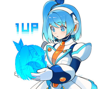 Rule 34 | 1girl, 1up, blue eyes, blue hair, buzzsaw (6631455), cowboy shot, gameplay mechanics, highres, holding, mega man (series), mega man x (series), mega man x dive, rico (mega man), robot girl, side ponytail, simple background, skirt, solo, white background, white skirt