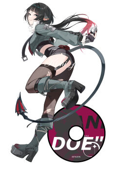 1girl absurdres animal_ears arched_back black_hair black_shorts blue_eyes boots cd closed_mouth commentary english_commentary from_side full_body fur-trimmed_jacket fur_trim garter_straps grey_boots grey_jacket high-waist_shorts highres holding holding_knife holding_weapon jacket jane_doe_(zenless_zone_zero) knife leg_up long_hair long_tail looking_at_viewer mouse_ears mouse_girl mouse_tail multicolored_hair nadesiko97 necktie pantyhose red_hair red_nails red_necktie sharp_tail shorts simple_background single_garter_strap single_leg_pantyhose single_thighhigh smile solo tail thighhighs torn_clothes torn_pantyhose torn_thighhighs weapon white_background zenless_zone_zero