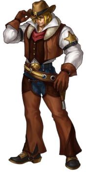 1boy alternate_costume black_footwear blonde_hair brown_gloves brown_headwear brown_pants closed_mouth commentary cowboy_hat gloves hat leon_(s-damianvencedor) long_sleeves looking_at_viewer lowres male_focus neckerchief pants red_neckerchief sheriff_badge short_hair simple_background terry_bogard the_king_of_fighters white_background