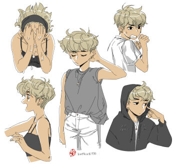 1girl arm_behind_head artist_self-insert black_tank_top blonde_hair closed_eyes closed_mouth collarbone commentary drawstring earrings english_commentary eyelashes fingernails grey_jacket grey_shirt hands_on_own_face highres hood hood_up hooded_jacket irene_koh jacket jewelry long_sleeves multiple_views necklace open_clothes open_jacket original pants ring shirt short_hair short_sleeves simple_background sleeveless sleeveless_shirt sweatdrop tank_top teeth undercut very_short_hair washing_face water white_background white_pants white_shirt