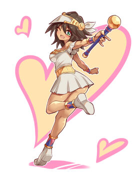 1girl ancient_egyptian ass bare_shoulders blush breasts brown_hair commentary_request commission cougar_(cougar1404) dark-skinned_female dark_skin dress full_body green_eyes holding holding_staff jewelry long_hair looking_at_viewer mana_(yu-gi-oh!) one_eye_closed open_mouth skeb_commission skirt smile solo staff white_background yu-gi-oh! yu-gi-oh!_duel_monsters