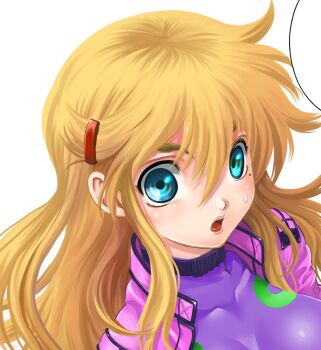 1girl blonde_hair blush bodysuit breasts commentary_request fuurinji_miu green_eyes hair_ornament hairclip highres huge_breasts impossible_clothes jacket long_hair matsuena_shun mole mole_under_eye official_art open_clothes open_mouth pink_jacket portrait shijou_saikyou_no_deshi_ken'ichi simple_background skin_tight solo surprised sweat taut_bodysuit tongue unitard v-shaped_eyebrows white_background wide-eyed