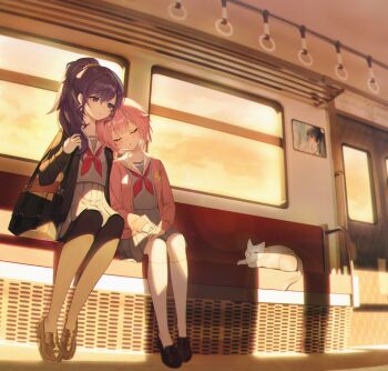 1other 2girls absurdres asahina_mafuyu black_hair blue_archive cat closed_eyes highres multiple_girls ootori_emu photo_(object) pink_hair ponytail popoka0930 project_sekai school_uniform serafuku short_hair sitting sleeping socks train tsurugi_(blue_archive) tsurugi_(swimsuit)_(blue_archive) twilight white_socks