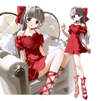 1girl ankle_lace-up bare_shoulders blunt_bangs blush bow breasts brown_eyes brown_hair closed_mouth collarbone commentary couch dot_nose dress feet_out_of_frame frilled_pillow frills full_body hair_bow hand_up head_tilt heart heart-shaped_pillow highres legs_together letterboxed long_hair looking_at_viewer multiple_views nan_(71nnmo) off-shoulder_dress off_shoulder on_couch open_mouth original outside_border pale_skin pillow puffy_short_sleeves puffy_sleeves red_bow red_dress red_ribbon red_shoes ribbon shoes short_dress short_sleeves sidelocks simple_background sitting skinny skirt_hold small_breasts smile straight_hair strap tareme white_background