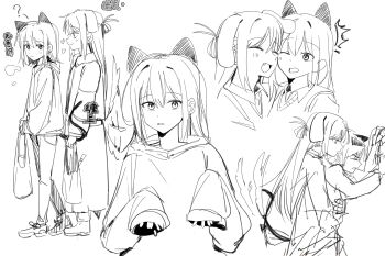 2girls animal_ears cat_ears cat_girl cat_tail chinese_commentary closed_eyes commentary_request dog_ears dog_girl dog_tail fang greyscale haidao_mao highres kemonomimi_mode long_hair medium_hair miyagi_shiori monochrome multiple_girls multiple_views one_eye_closed open_mouth sendai_hazuki shuuniichido_classmate_wo_kau_hanashi sleeves_past_wrists tail tail_wagging translation_request yuri