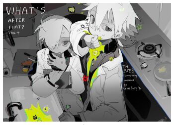 2boys ambiguous_green_liquid clipboard cutting_board english_text foil frying_pan green_liquid greyscale hair_over_one_eye highres holding holding_clipboard kitchen_knife knife lab_coat long_sleeves looking_at_viewer mk1liaoqian monochrome multiple_boys original shirt short_hair sink spot_color stove sweat vomit vomiting white_hair