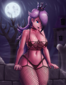 Rule 34 | 1girl, alternate costume, bikini, black panties, blocks, breasts, crown, curvy, dark sky, female focus, garter belt, garter straps, goth fashion, hair over one eye, holding, large breasts, long hair, looking at viewer, mario (series), moon, moonlight, night, nintendo, outdoors, panties, purple bikini, purple hair, purple lips, rosalina, saf-404, saf404, solo, standing, star (symbol), super mario galaxy, swimsuit, thick thighs, thighs, underwear