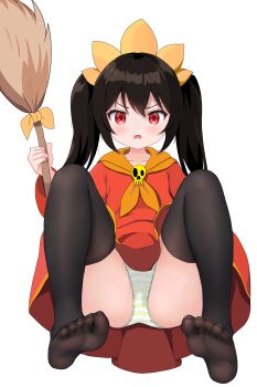 1girl absurdres ashley_(warioware) black_hair black_thighhighs blush broom dress feet female_focus green_panties highres holding holding_broom loli looking_at_viewer nintendo open_mouth panties red_dress red_eyes solo striped_clothes striped_panties thighhighs toes totorin7124 twintails underwear upskirt warioware