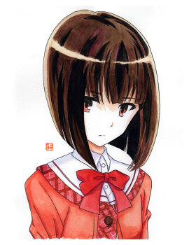 Rule 34 | artist name, blunt bangs, blunt ends, bob cut, bow, bowtie, breasts, brown hair, commentary, dated commentary, dress, expressionless, light frown, looking at viewer, pink dress, plaid clothes, plaid dress, red bow, red bowtie, red eyes, sasami-san@ganbaranai, short hair, signature, simple background, small breasts, traditional media, two-tone dress, very short hair, white background, white dress, y takeshinu wan, yagami kagami
