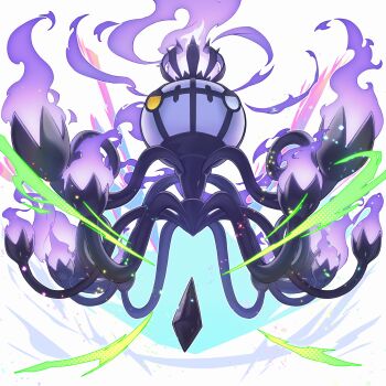 Rule 34 | chandelier, chandelure, commentary request, fire, gen 5 pokemon, heterochromia, highres, mega chandelure, mega pokemon, nintendo, no humans, pokemon, pokemon (creature), pokemon focus, pokemon legends: z-a, purple eyes, purple fire, solo, yellow eyes, zealmaker