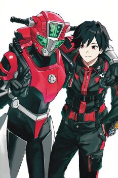 Rule 34 | 2boys, armor, black hair, black jacket, black pants, character request, cowboy shot, highres, humanoid robot, jacket, multiple boys, oresanjyo, pants, red armor, robot, short hair, simple background, super sentai, tokumei sentai go-busters, tokusatsu, v, white background