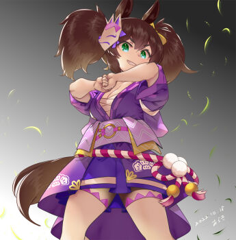 Rule 34 | 1girl, animal ears, araki (qbthgry), blush, breasts, brown hair, chest sarashi, cleavage, commentary request, cracking knuckles, fang, fox mask, green eyes, hair between eyes, highres, horse ears, horse girl, horse tail, inari one (inari yukari edomurasaki) (umamusume), inari one (umamusume), japanese clothes, kimono, kouhaku nawa, large breasts, mask, mask on head, open mouth, purple kimono, rope, sarashi, shimenawa, smile, solo, tail, teeth, twintails, umamusume