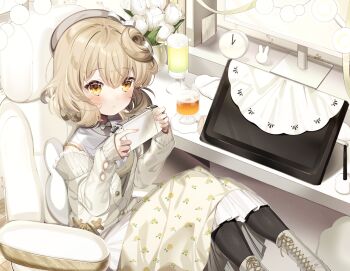 1girl beret boots brown_hair cardigan chair chi_no clock commentary cup curly_hair drawing_tablet drinking_glass floral_print floral_print_skirt flower grey_boots grey_hat handheld_game_console hands_up hat highres holding holding_handheld_game_console indie_virtual_youtuber lace-up_boots long_sleeves looking_at_viewer medium_hair messy_hair monitor notino_(vtuber) partially_unbuttoned print_skirt shirt sitting skirt solo stylus symbol-only_commentary virtual_youtuber white_cardigan white_flower white_shirt yellow_eyes yellow_skirt