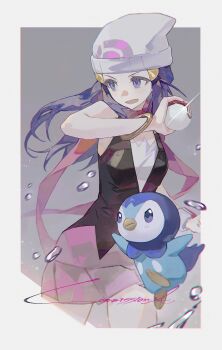 1girl absurdres beanie bird black_vest blue_eyes blue_hair border commission cowboy_shot dawn_(pokemon) gen_4_pokemon grey_background hat highres holding holding_poke_ball k_0313_heaseong long_hair nintendo open_mouth pink_skirt piplup poke_ball pokemon pokemon_dppt red_scarf scarf shirt skirt smile vest water_drop white_border white_hat white_shirt