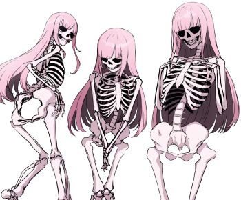 1girl absurdres commentary daydarion english_commentary highres hololive hololive_english long_hair looking_at_viewer mori_calliope multiple_views pink_hair simple_background skeleton skeleton_girl skull teeth virtual_youtuber
