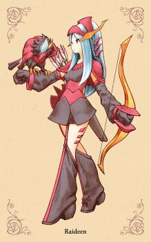 1girl animal_on_arm arrow_(projectile) bird bird_on_arm black_boots black_dress black_sleeves blue_hair boots bow_(weapon) capelet character_name commentary detached_sleeves dress expressionless fake_horns falconry full_body garter_straps genderswap genderswap_(mtf) helmet highres holding holding_bow_(weapon) holding_weapon horned_helmet horns humanization long_hair parody quiver raideen_(mecha) raideen_(series) red_capelet red_eyes short_dress solo standing style_parody weapon wu_niang yoshida_akihiko_(style) yuusha_raideen