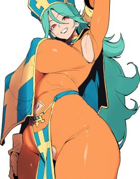 1girl aqua_hair arm_up armpit_cutout armpit_focus armpits bodysuit breasts clothing_cutout covered_erect_nipples cowboy_shot crotch_cutout doxy dragon_quest dragon_quest_iii gloves huge_breasts long_hair navel_cutout orange_bodysuit priest_(dq3) red_eyes simple_background smile solo tabard white_background yellow_gloves