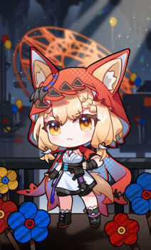 Rule 34 | 1girl, :<, animal ear fluff, animal ears, arknights, arknights: endfield, belt, black gloves, blonde hair, blurry, blurry background, cape, chibi, chibi only, closed mouth, commentary, dress, ferris wheel, fingerless gloves, gloves, hakuto kinkinko, high-waist belt, highres, hood, hooded cape, jewelry, long hair, looking at viewer, low-tied sidelocks, necklace, red cape, rossi (arknights), sidelocks, solo, tail, tooth necklace, white dress, wolf ears, wolf girl, wolf tail, yellow eyes