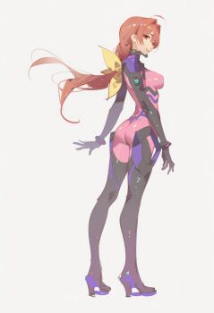 1girl ahoge armored_bodysuit ass bodysuit boots bow breasts fortified_suit fortified_suit_(kagami_sumika) hair_intakes high_heel_boots high_heels highres impossible_clothes kagami_sumika kisaragi_shokuin long_hair looking_at_viewer low_ponytail mecha_pilot_suit medium_breasts muv-luv muv-luv_alternative open_mouth pink_bodysuit ponytail red_eyes red_hair skin_tight smile solo thigh_boots very_long_hair yellow_bow