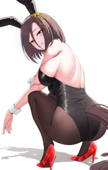 1girl air_groove_(umamusume) animal_ears armpit_crease ass back bare_back black_leotard black_pantyhose blue_eyes blush bow breasts brown_hair brown_tail clothing_cutout commentary_request commission ear_bow ear_covers ear_ornament fake_animal_ears from_behind hair_between_eyes high_heels highres horse_ears horse_girl horse_tail large_breasts leotard looking_at_viewer looking_back pantyhose pantyhose_under_leotard rabbit_ears red_shoes shoes short_hair sideboob skeb_commission smile solo squatting strapless strapless_leotard tail tail_through_clothes take978733141 umamusume white_wrist_cuffs wrist_cuffs yellow_bow