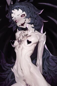 Rule 34 | 1girl, :d, bansheeiso, black eyes, black hair, black sclera, body horror, chest hair, colored sclera, contrapposto, cowboy shot, fangs, female pubic hair, furrowed brow, glasgow smile, grin, head tilt, heart pasties, long hair, looking at viewer, messy hair, open mouth, original, pasties, pubic hair, ribs, scar, scar across eye, scar on face, shoulder spikes, sidelighting, skinny, slit pupils, smile, solo, spikes, wolf cut