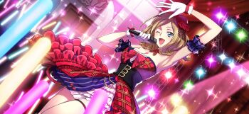 1girl arm_up armband armpits artist_request blonde_hair blue_eyes blush bow bowler_hat bowtie breasts choker cleavage code_geass code_geass:_lost_stories cowboy_shot curtains door dress dutch_angle female_focus flower game_cg gloves glowing glowstick hand_up happy hat hat_flower highres holding holding_microphone idol idol_clothes indoors layered_dress legs_together light_blush medium_breasts medium_hair microphone milly_ashford mini_hat non-web_source official_art one_eye_closed open_mouth parted_bangs plaid_clothes plaid_dress red_bow red_bowtie red_choker red_dress red_flower red_hat red_rose ribbon-trimmed_dress ribbon_trim rose sash shiny_skin short_dress sidelocks smile solo sparkle stage_lights standing strapless strapless_dress thigh_strap thighs tilted_headwear white_gloves wink